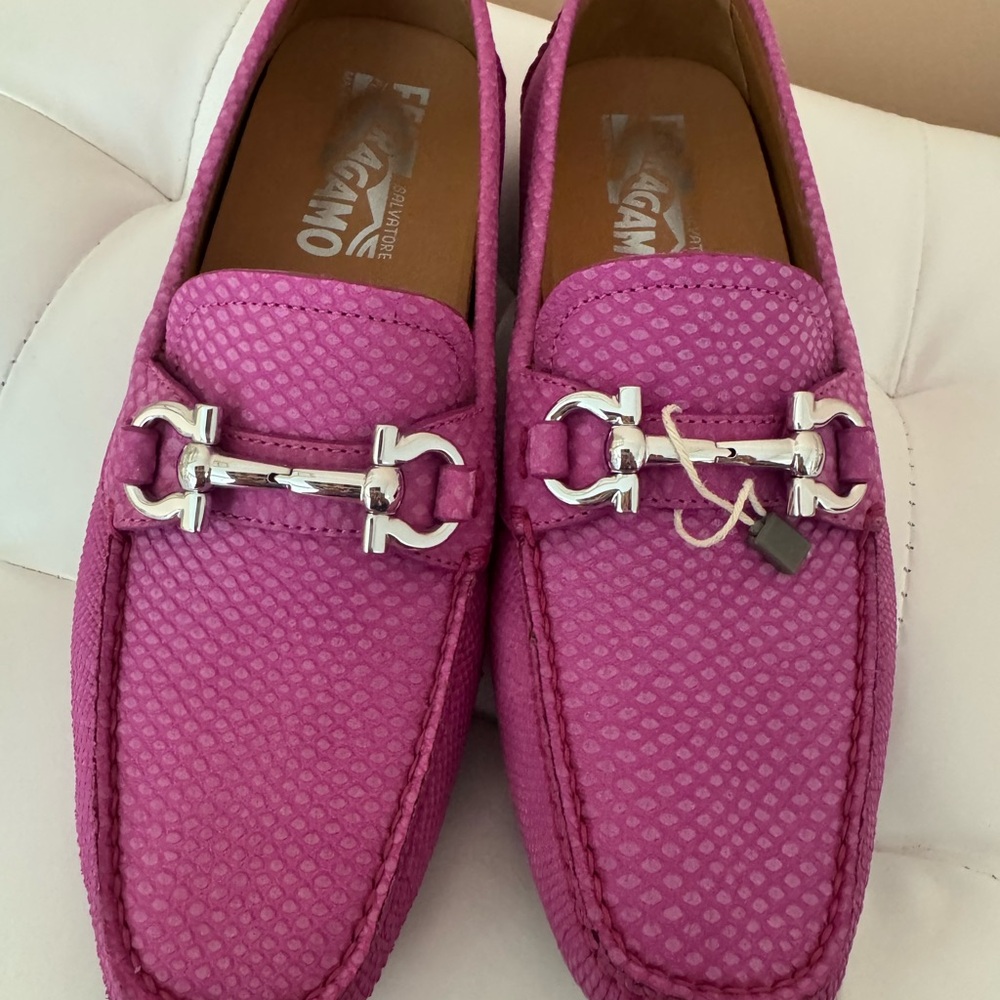 Salvatore Ferragamo Fuchsia Loafers with Silver Accents. Made in Italy. Leather.